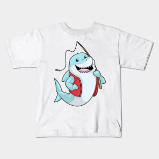 Shark at Fishing with Fishing rod Kids T-Shirt